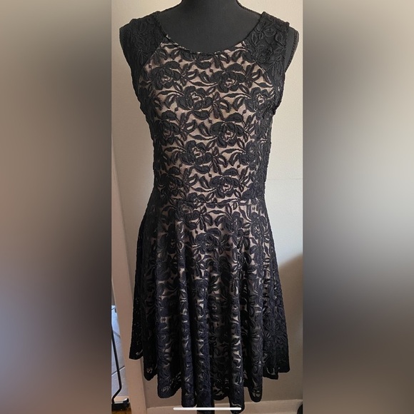 Lace Midi Dress - Tan Slip with Black Lace Overlay - Picture 1 of 4